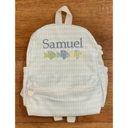 Backpack - Blue Gingham Backpack with Personalized Name and Fish Trio