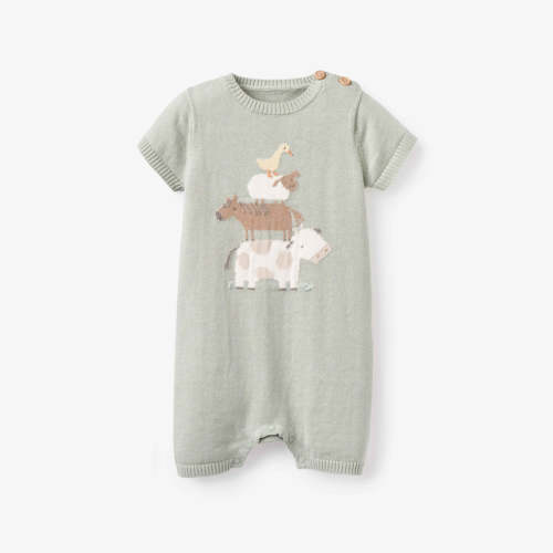 On the Farm Knit Shortall Romper - Sage, 3-6 Months