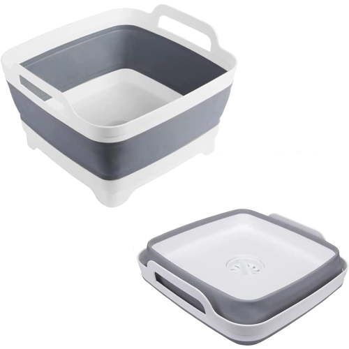 2.4 Gallon Collapsible Storage Tub with Drain Plug, Dish pan for Kitchen Sink, Gray