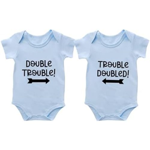 Baby Twins Bodysuits Double Trouble Newborn Baby Clothes Twin Boy Girl Outfits Infant Toddler Romper