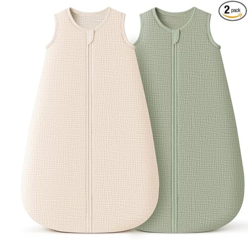 Konssy Muslin Baby Sleep Sack 6-12 Months 0.8 TOG, 2 Pack 100% Cotton Wearable Blanket for Babies, 2-Way Zipper Breathable Sleeping Sack Infant Toddler Essentials for Girls and Boys (Cream, Fog Green)