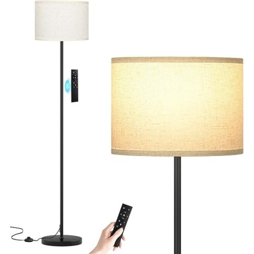 Ambimall 60'' Modern Floor Lamp with Remote, Tall Lamps for Living Room, Bedroom, Office, Dining Room, Beige Shade with Black Pole(Included Bulb)