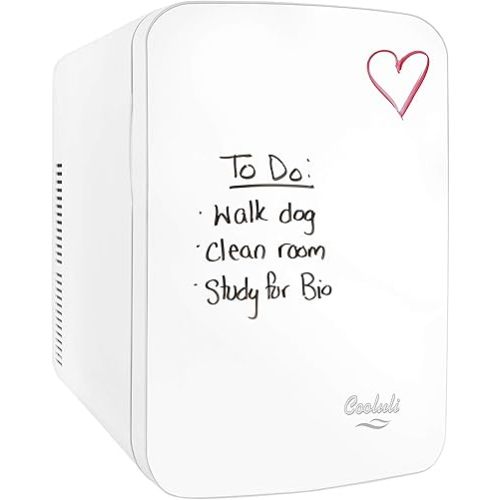 Cooluli Vibe Mini Fridge for Bedroom - With Cool Front Magnetic Whiteboard - 15L Portable Small Refrigerator for Travel, Car & Office Desk - Plug In Cooler & Warmer for Food, Drinks & Skincare (White)