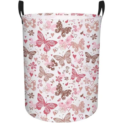 Butterfly Laundry Basket, Baby Hamper Pink & Khaki | Large Capacity, Portable, Durable, Girls Room Decor, For Bedroom & Nursery