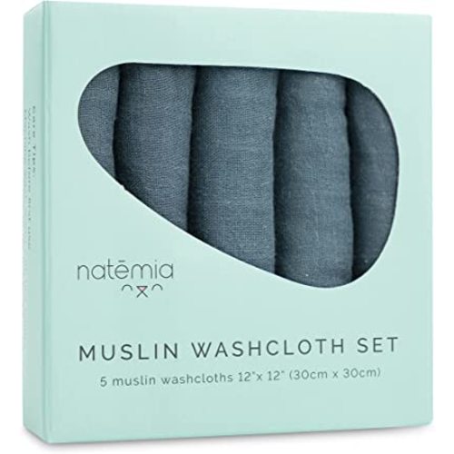 Natemia Muslin Baby Washcloths for Newborn - Premium Wash Cloths for Babies, Super Absorbent and Ultra Soft Rayon Made from Bamboo, 6 Layer Baby Girl and Baby Boy Washcloths, 5 Piece Set