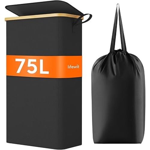 Lifewit 75L Slim Laundry Hamper with Lid, Narrow Laundry Basket with Removable Bag & Bamboo Handles, Fodable Thin Dirty Clothes Hamper for Laundry Collapsible Bin for Bathroom Bedroom Dorm, Black
