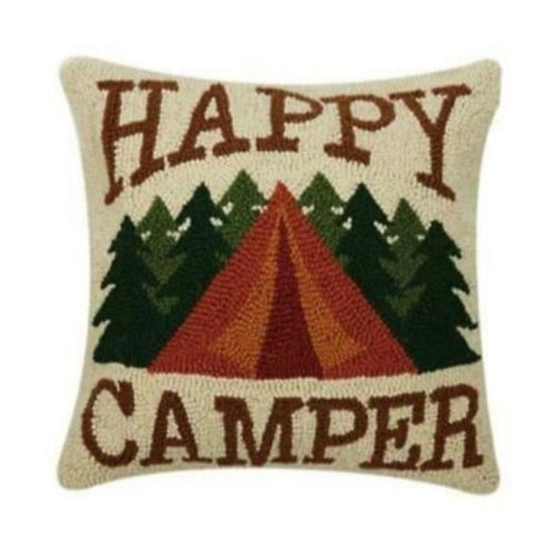 Peking Handicraft 30JES1526C16SQ 16 x 16 in. Happy Camper Hooked Pillow