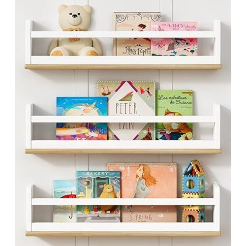 Floating Nursery Book Shelves for Wall, 24 Inch Long Wall Bookshelf for Kids Room, White and Natural Wood Hanging Bookshelves for Baby Toddler Childrens Kids Bedroom Bathroom (Set of 3)