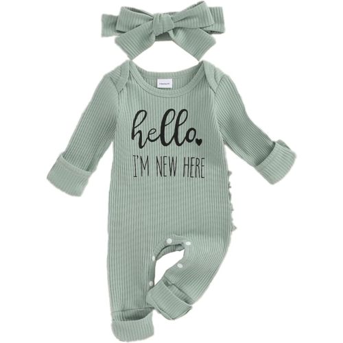 FIOMVA Im New Here Newborn Outfit Girl Long Sleeve Letter Romper Ribbed Knit Jumpsuit Baby Girl Preemie Coming Home Outfit