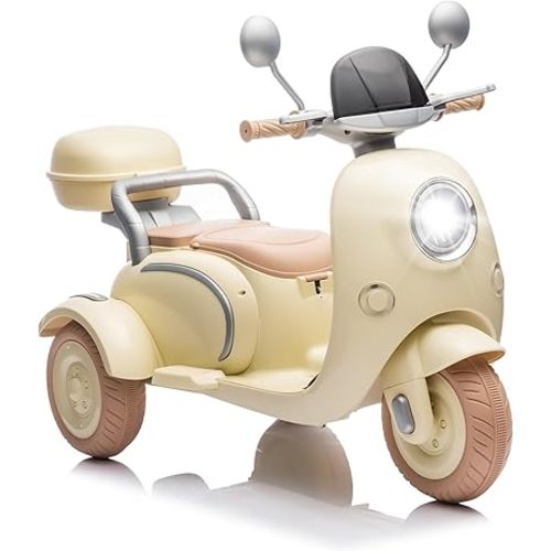 2 Seats Kids Motorcycle, 12V Ride On Electric Car, 3 Wheels Motorbike with USB, Bluetooth, Light, Storage Box, Motorcycle for Kids Aged 3+, Beige