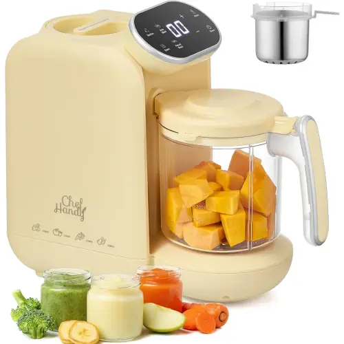 Chefhandy Baby Food Maker, Steamer & Blender with Stainless Steel Basket, Puree Maker with Auto/Manual Blend, Bottle Warmer & Sterili-zer, Safe & Easy-to-Clean Compact Baby Food Processor (Yellow)