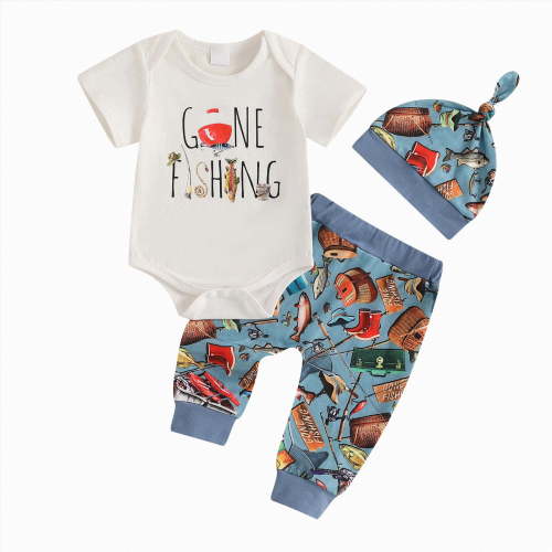 Baby Boy Summer Clothes Fishing Letter Print Short Sleeve Romper and Pants 3-Piece Set with Hat Spring Summer Outfit