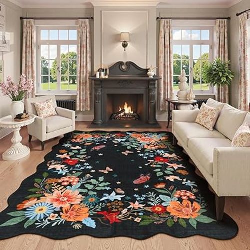 LIVEBOX Boho 8x10 Area Rugs for Living Room, Soft Washable Black Rug for Bedroom, Non-Slip Large Butterfly Floral Rugs, Ultra-Thin Indoor Carpet for Dining Room Nursery Playroom, Black