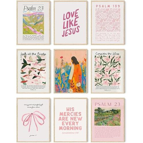 9pcs Christian Wall Art Bundle in Pink Bible Verse Paintings Pictures Wall decor Jesus Poster Printing Artworkfor Girls Room Christian Housewarming Gift Fashionable college style Home Decoration