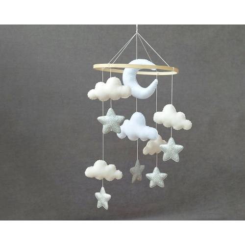 Crib Mobile, Cloud Nursery Mobile, BABY MOBILE, Stars and moon Mobile, Mobile nursery with silver stars, Montessori mobile, Nursery Decor