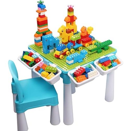 burgkidz 5-in-1 Multi Activity Play Table Set with Storage includes 1 Chair and 128 Pieces Compatible Large Bricks Building Blocks for Kids Ages 2 and Up, Blue