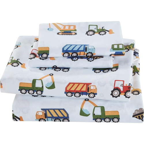 VTUBUON Sheet Set for Kids Construction Tractors Excavators Loaders Dump Trucks Compactors Blue Red Green Yellow Grey Flat Fitted and Pillow case Twin Size New
