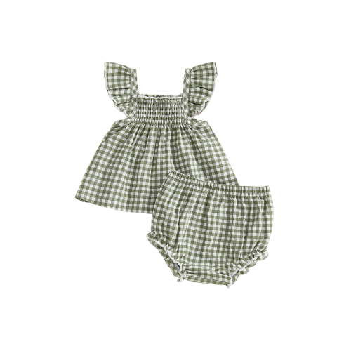 BemeyourBBs Infant Baby Girls Summer Clothes Plaid Gingham 2 Pieces Smocked Outfit Fly Short Sleeve Camisole Tank Vest Top with Elastic Waist Shorts Set