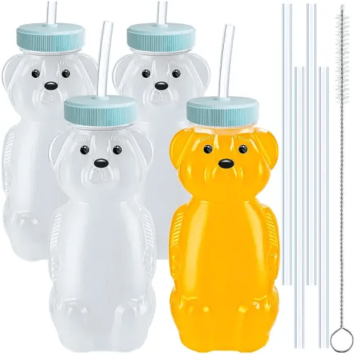 4 PCS Honey Bear Straw Cup, Baby Straw Cups with 8 Flexible Straws and 1 Straw Brushes, 8oz Special Supplies Juice Bear Bottle for Infant Feeding, Drinking Needs of Those with Poor Oral Health (Blue)