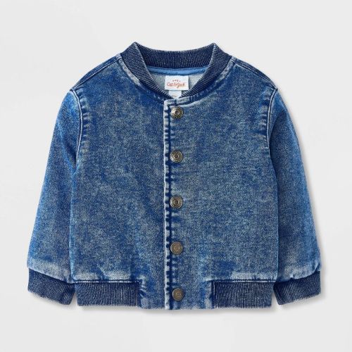 Baby Denim Bomber Jacket - Cat & Jack™ Medium Wash 6-9m: Cotton Blend, Recycled Polyester, Spandex, Ribbed Cuffs