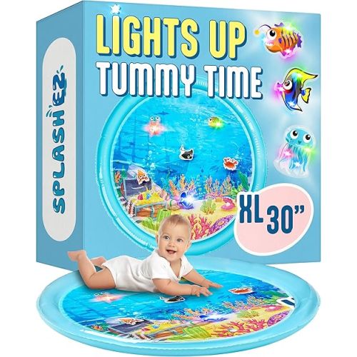 SplashEZ Lights Up Tummy Time Water Mat for Babies, 30" X-Large Baby Water Mat Tummy Time for Sensory Play with LED Glowing Fishes, Inflatable Fun Play Pad for Infants & Toddlers 3 to 36 mo
