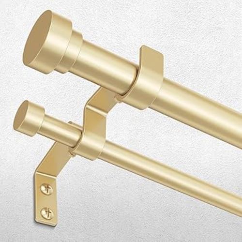 Double Curtain Rod, 1 Inch Gold Extra Long Dual Curtain Rods 72 to 144 Inch with Aluminium Modern End Cap Finial, Adjustable Heavy Duty Window Treatment Rods, Telescopic Metal Double Drapery Pole Set