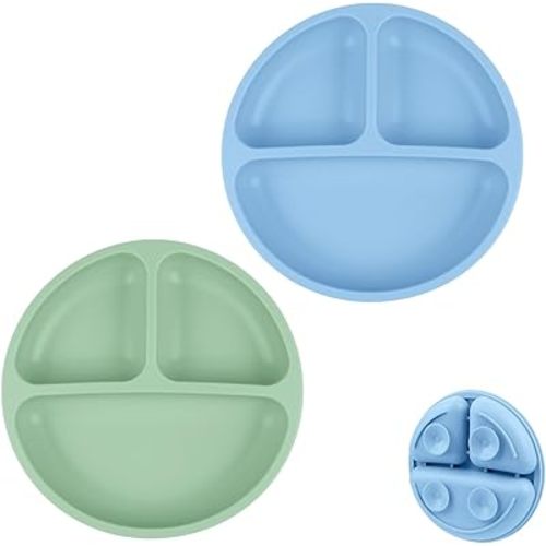 Vicloon Suction Plates, 2 Pcs Baby Toddler Plate Silicone, BPA Free Divided Plate, Divided Plate Design,Silicone Grip Dish Microwave & Dishwasher Safe