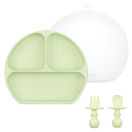 Bumkins Toddler & Baby Suction Dish, Silicone Grip Dish, Babies and Kids, Children Feeding Supplies, Non Skid Sticky Bottom, Platinum Silicone, Ages 6 Months Up, 3-Section Training Set, Green