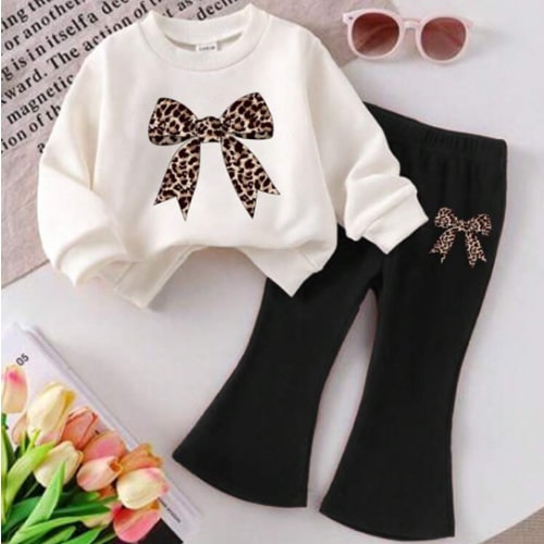SHEIN ModeFlare Wear Vintage Leopard Print Bow Decor Soft Knit Baby Girl Casual Suit, Suitable For Autumn/Winter