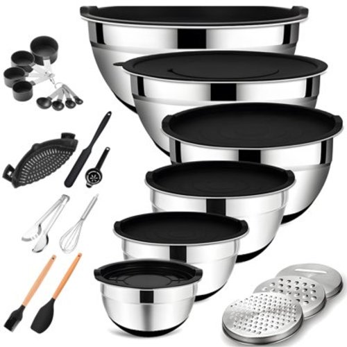 ENOKING Stainless Steel Mixing Bowls with Lids Set, Nesting Salad Bowls for Kitchen, Black, 30pcs