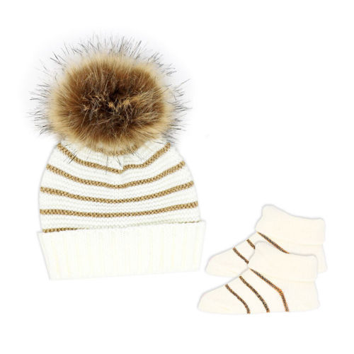 Baby Mode Ivory Knit Hat & Bootie Set 0-6M