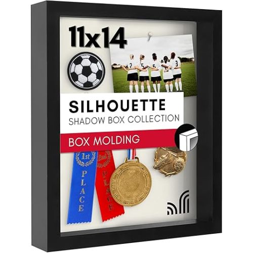 Americanflat 11x14 Shadow Box Frame with Shatter-Resistant Glass - Silhouette Collection - Large Shadow Box Display Case for Tabletop and Wall Display - Black with Soft Felt Back