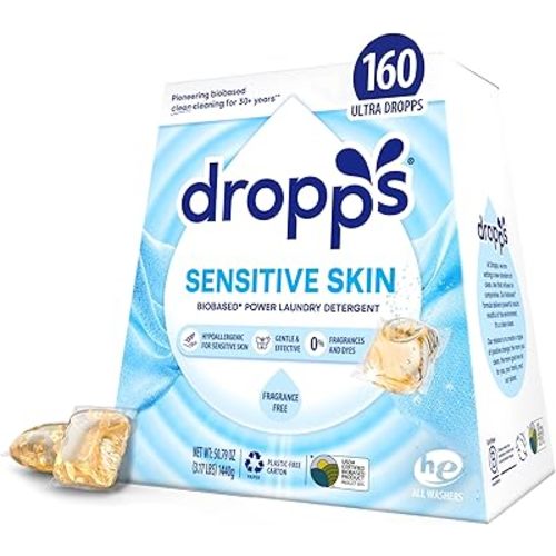 Dropps Sensitive Skin Laundry Detergent Pods, Unscented (160 Count) - Dermatologist Tested Laundry Pods - HE Compatible Laundry Supplies for Clean Clothes, Vegan & Dye-Free