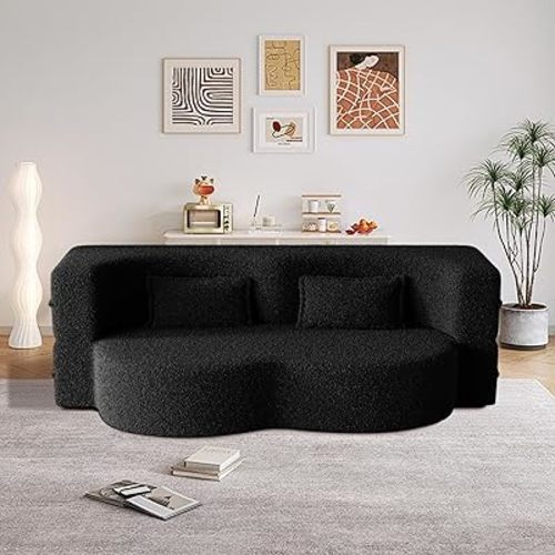 Folding Sofa Bed,15" Full Size Folding Mattress for Living Room,Convertible Teddy Fabric Foam-Filled Loveseat Sleeper Sofa Bed (Black-Teddy)