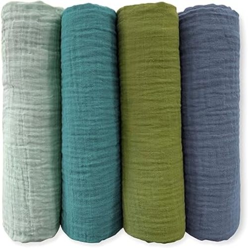 SwaddleDesigns Cotton Muslin Swaddle Blankets for Baby Boy & Baby Girl, Set of 4, Neutral Receiving Blankets for Newborn, Baby Registry & Gift, 46x46 inches, Cascadia