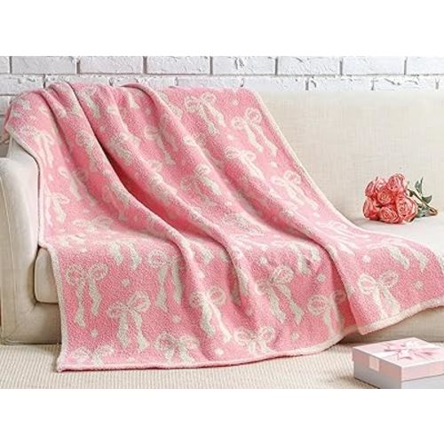 Buryeah Pink Bow Blanket Soft Microfiber Bow Throw Blanket Coquette Aesthetic Preppy Bedding Plush Stuff Cute Room Sofa Bed Gifts July Christmas Decor for Her Women, 50"x60"