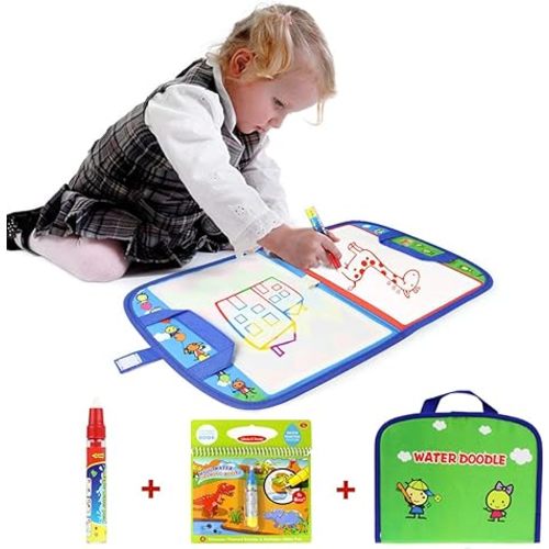 Aqua Coloring Mat,Kids Toys Large Water Painting Mat,Toddlers Doodle Pad  with 4 Colors,Gifts for Girls Boys Age 3 4 5+ Years Old,4 Pens,Drawing  Molds and Booklet Included
