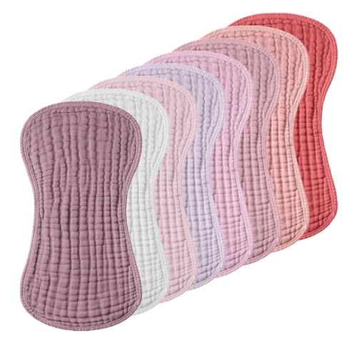 Frienda 8 Pieces Muslin Burp Cloths for Baby Cotton Burp Cloth 10 x 20 Inches Multi Colors Muslin Washcloths Diapers 4 Absorbent Layers Newborn Face Towels for Baby Boy Girl Unisex (Pink Purple Color)