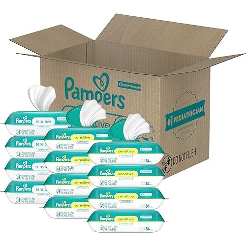Pampers Sensitive Baby Wipes, Water Based, Hypoallergenic and Unscented, 8 Flip-Top Packs, 4 Refill Packs (1008 Wipes Total)