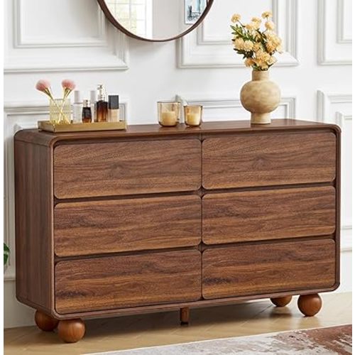 AVZEAR Modern 6 Drawer Dresser for Bedroom, 48" Wide Wooden Dresser Chest of Drawers, Handle Free & Curved Profile Design, Mid Century Closet Clothes Storage Organizer for Living Room, Walnut