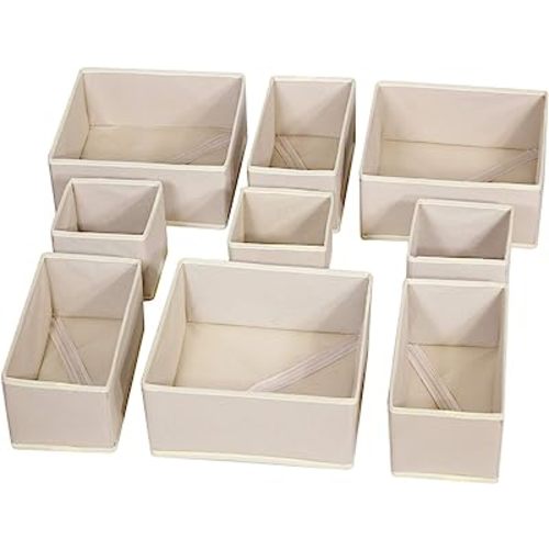 DIOMMELL 9 Pack Foldable Cloth Storage Box Closet Dresser Drawer Organizer Fabric Baskets Bins Containers Divider for Baby Clothes Underwear Bras Socks Lingerie Clothing,Beige 333