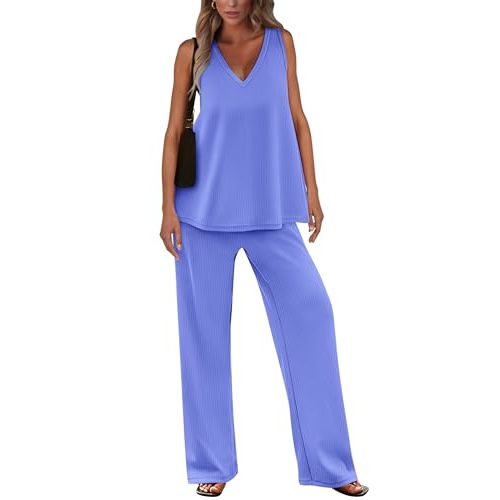 PRETTYGARDEN Women's 2 Piece Summer Tracksuits Sleeveless V Neck Tank Top Wide Leg Pants Casual Knit Outfit Sets