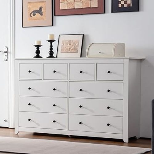 EnHomee White Dresser, Dresser for Bedroom with 10 Wood Drawers Dressers & Chests of Drawers with Smooth Metal Rail, Wide Storage Dressers Organizer for Hallway, Bedroom, 52.2W*15.8" D*35.8" H