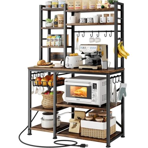 Baker Rack with Power Outlet - Microwave Stand with Storage, Large Coffee Bar Station with 14 Hooks, Metal Kitchen Shelf Rack for Spices, Pots (Rustic Brown)