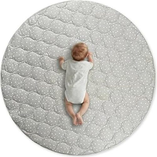 Byrd & Blume Round Baby Play Mat, Reversible Quilted Organic Cotton, Soft Circle Nursery Rug, Non Toxic, Foldable Portable, 40 Inch, Gray Stars/Solid Gray