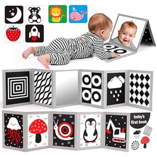 Black and White High Contrast Baby Books Flash Cards Tummy Time Mirror Toys Newborn Toys 0 3 Months Brain Development Infant Stimulating Sensory Toy 0-3 3-6 2 4 5 Months old Baby Boy Girl Shower Gifts