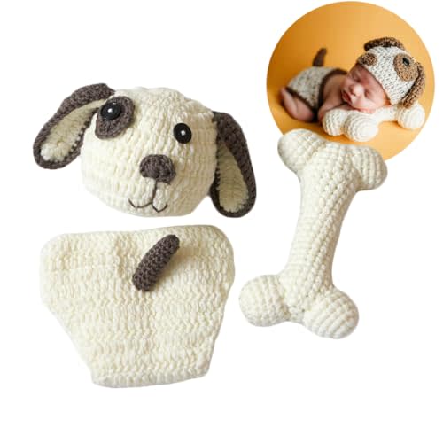 Zeroest Newborn Baby Girl Boy Photography Props Outfits Crochet Knitted Puppy Hat and Shorts Set with Bone for Photo Shoot