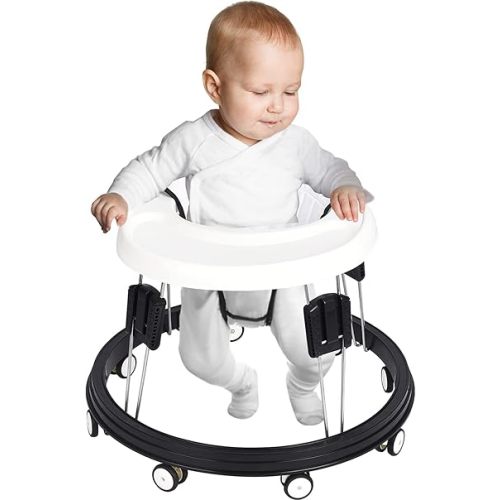 LANGYI Adjustable Baby Walkers for Baby with Easy Clean Tray, Universal Wheeled Walker, Anti-Rollover Folding Walker for Girls Boys 6-18Months Toddler, White, 1.0 Count