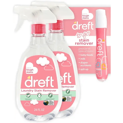 Dreft Stain Remover for Baby Clothes, Fragrance Free and Hypoallergenic Baby Stain Remover Spray Plus Travel Size Stain Treater Pen, 24 Fl Oz ( Pack of 2 + Stain Pen)