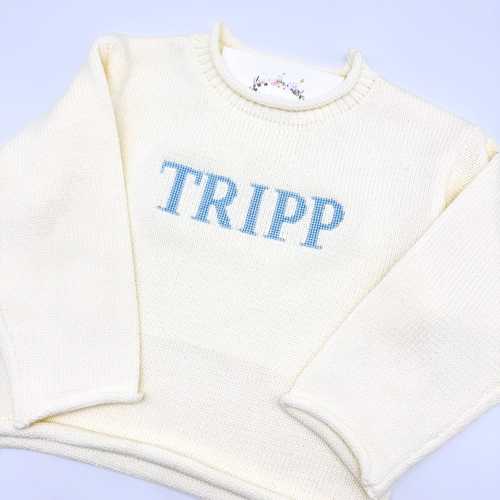 Boys Cotton Knit Rollneck Sweater Off White Small Cross Stitch Personalization Sizes 12m - 6 yr